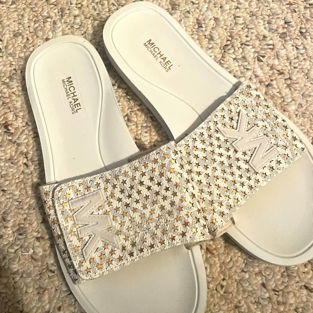 White and gold MK slides